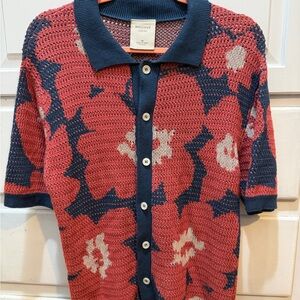 Massive Luxury Floral Knit Button-Up Cardigan M short sleeved